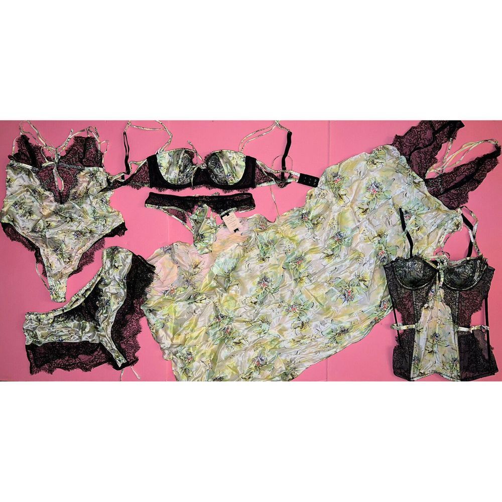Victoria's Secret 34B BRA SET+SLIP+TEDDY+CORSET FANTASY ISLAND GREEN BLACK SILK